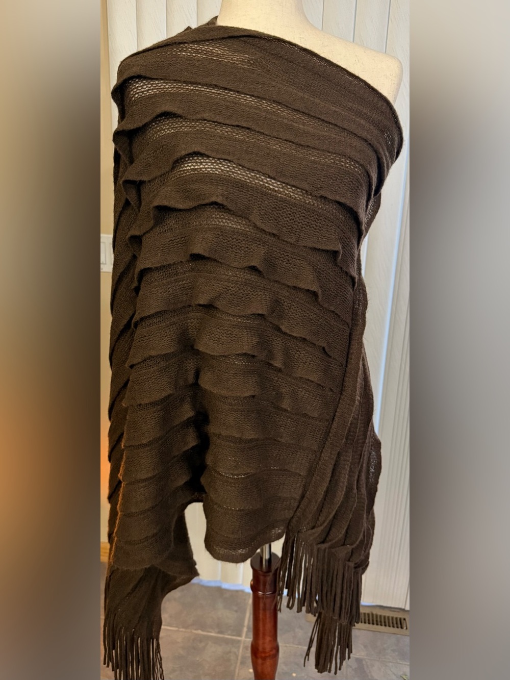 Brown Layered Knit Fringe Poncho